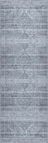 Close-up of the Barny Gray Blue Washable Rug. Features a traditional, distressed pattern in charcoal, blue and off-white tones. Design-Runner-2773
