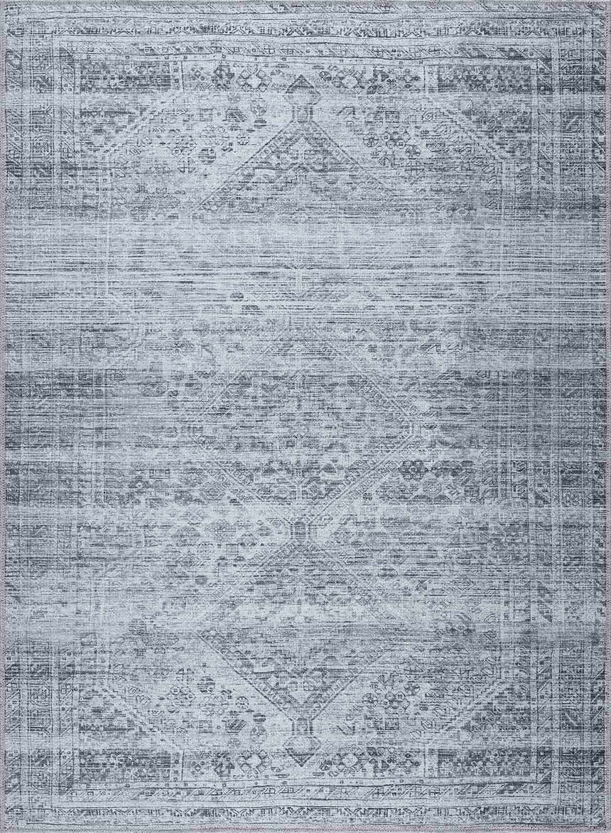 Close-up of the Barny Gray Blue Washable Rug featuring a traditional, faded charcoal and blue pattern. Design-Rectangle-5373
