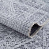 Close up of the Barny Gray Blue Washable Rug showing its texture and traditional pattern. Fold