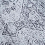 Close-up of the Barny Gray Blue Washable Rug, showing its charcoal and off-white traditional pattern and chenille texture. Texture