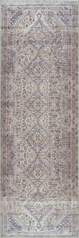 Close-up of the Barny Tan Washable Area Rug, showcasing its traditional farmhouse design, slate, ivory, and tan colors. Design-Runner-2773