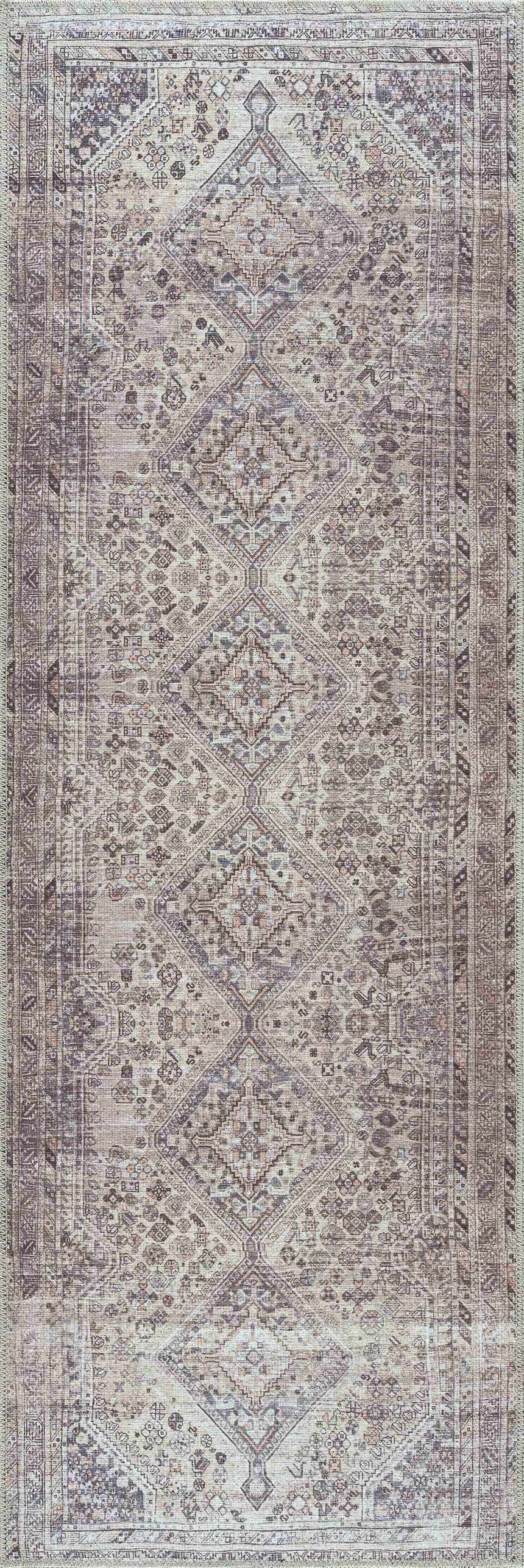 Close-up of the Barny Tan Washable Area Rug, showcasing its traditional farmhouse design, slate, ivory, and tan colors. Design-Runner-2773