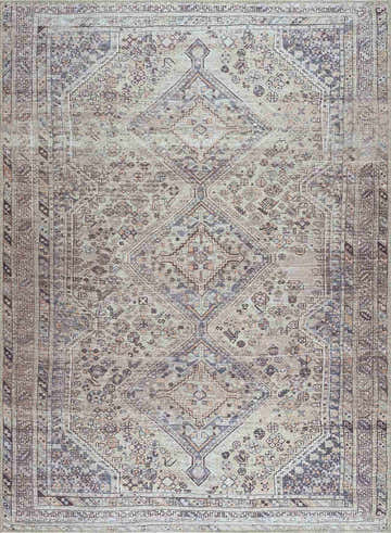 Detailed close-up of the Barny Tan Washable Area Rug. Features a traditional diamond pattern in tan, gray, and slate blue hues. Design-Rectangle-5373