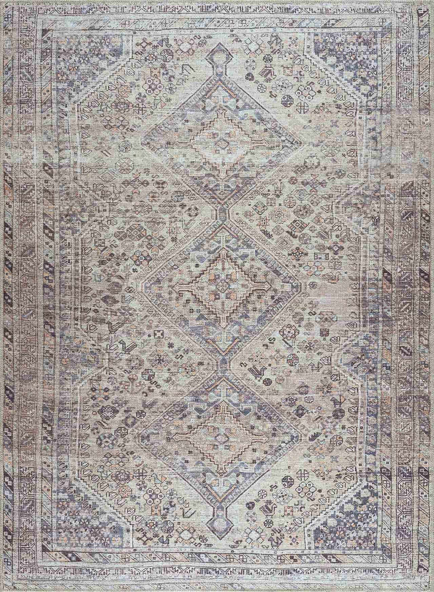 Detailed close-up of the Barny Tan Washable Area Rug. Features a traditional diamond pattern in tan, gray, and slate blue hues. Design-Rectangle-5373