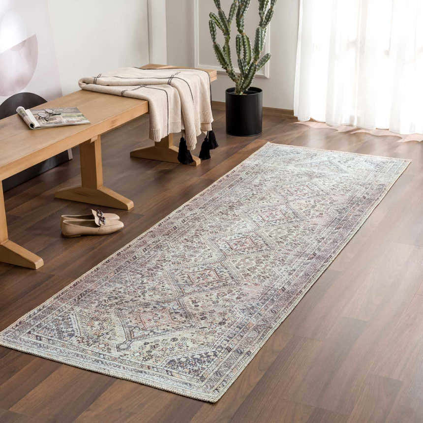 Entryway with Barny Tan Washable Area Rug, wood floors, bench with throw, cactus, and neutral decor. Farmhouse style. Roomscene-Runner