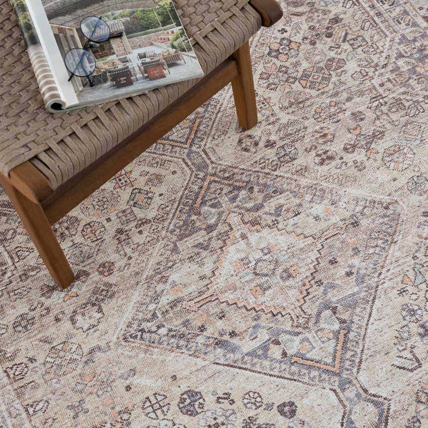 Close-up of the Barny Tan Washable Area Rug showing its traditional pattern in tan, gray, black, and peach tones. Styleshot