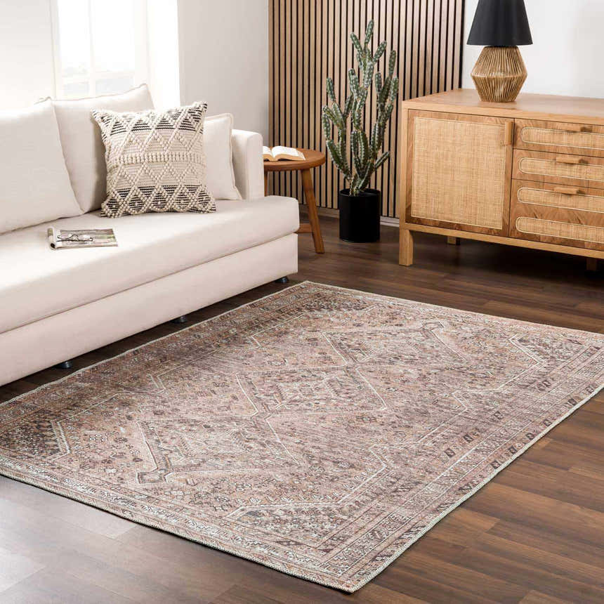 Living room scene with Barny Brown Flat Pile Washable Rug, cream sofa, wood cabinet, and modern decor. Warm, inviting farmhouse style. Roomscene-Rectangle