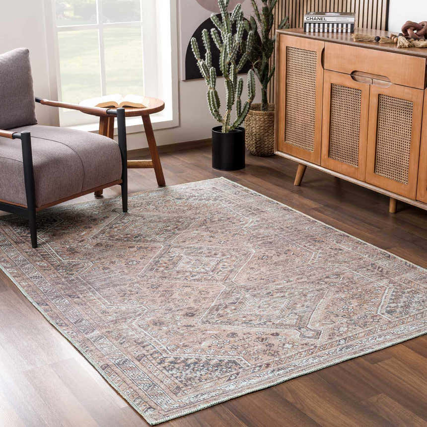Living room scene with Barny Brown Flat Pile Washable Rug, gray chair, wood cabinet, and cactus. Farmhouse style. Roomscene-Rectangle