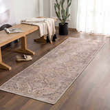 Entryway with a Barny Brown Flat Pile Washable Rug, wood bench, tan shoes, and cactus. Farmhouse style. Roomscene-Runner