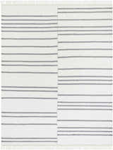 Close-up of Aras Area Rug, a hand-woven runner with off-white and dark gray stripes and fringed edges. Design-Rectangle-810