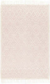 Close-up of the Ramsbury Soft Pink Wool Rug. Features a geometric diamond pattern and fringe detail. Farmhouse style. Design-Rectangle