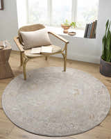 Cozy reading nook with round Ashra Thick Luxe Area Rug in cloud gray and brown tones. Farmhouse style. Roomscene-Round