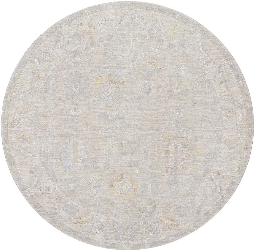 Round Ashra Thick Luxe Area Rug in cloud gray. Farmhouse style rug with traditional pattern. Design-Round-67