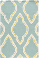 Close-up of the Atlantic Area Carpet in seafoam with cream and mustard quatrefoil pattern. Hand woven wool rug. Design-Rectangle-23