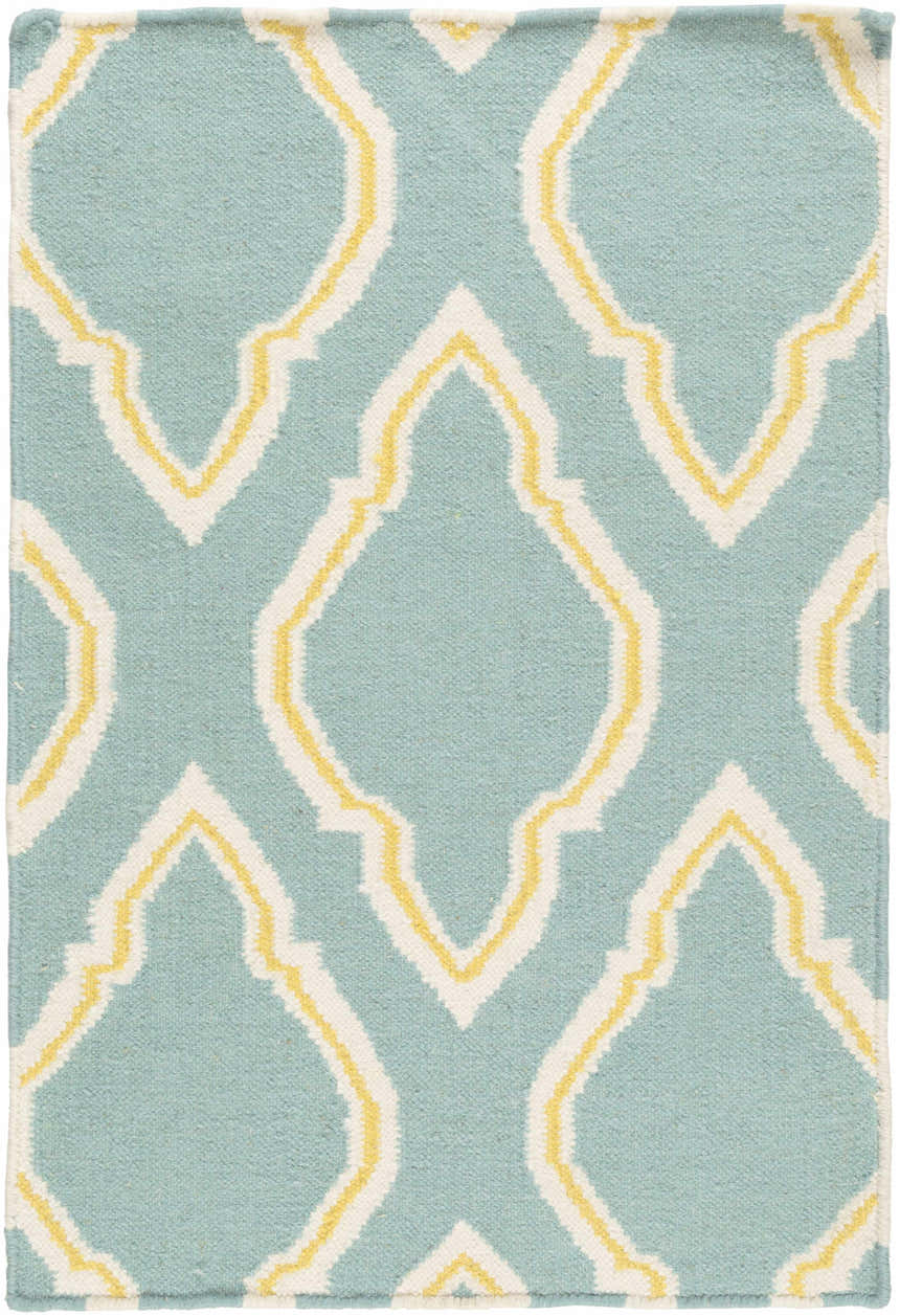 Close-up of the Atlantic Area Carpet in seafoam with cream and mustard quatrefoil pattern. Hand woven wool rug. Design-Rectangle-23
