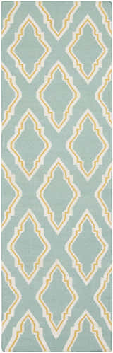Close-up of the Atlantic Area Carpet. Seafoam rug with cream and mustard geometric pattern. Hand woven wool texture. Design-Runner-268