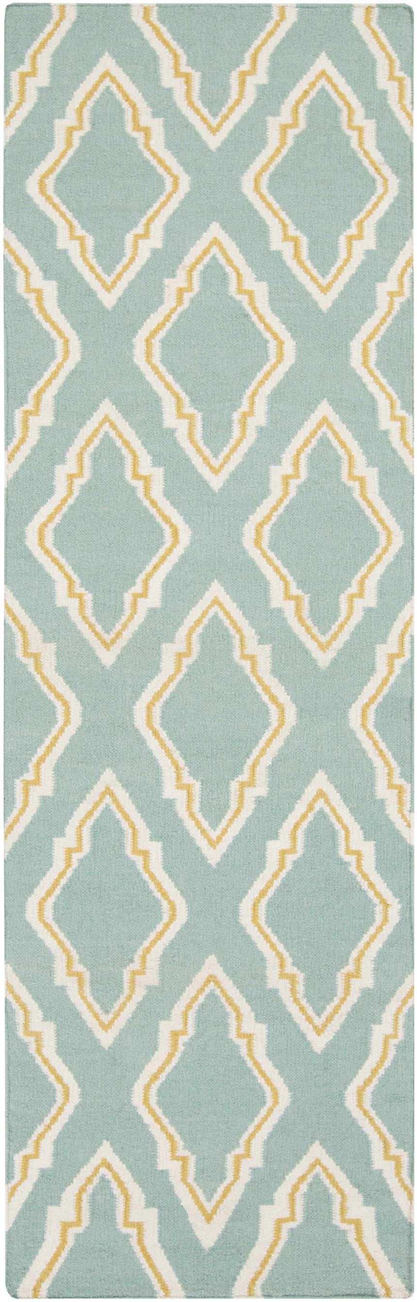 Close-up of the Atlantic Area Carpet. Seafoam rug with cream and mustard geometric pattern. Hand woven wool texture. Design-Runner-268