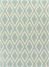 Close-up of Atlantic Area Carpet in cream, mustard, and seafoam. Hand-woven wool rug with diamond pattern. Design-Rectangle-811