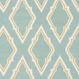 Close-up of Atlantic Area Carpet. Hand-woven wool rug in cream, mustard, and seafoam with a geometric diamond pattern. Swatch