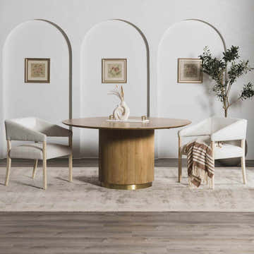 Dining room scene with round wood table, chairs, and Auchter Soli Taupe premium sheer carpet. Roomscene-Rectangle