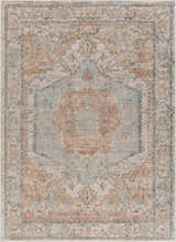 Close-up of Vaeda Blue & Beige Thick Luxe Rug. Traditional style with beige, blue, and tan floral pattern. Machine woven texture. Design-Rectangle-23