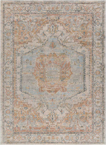 Close-up of Vaeda Blue & Beige Thick Luxe Rug. Traditional style with beige, blue, and tan floral pattern. Machine woven texture. Design-Rectangle-23