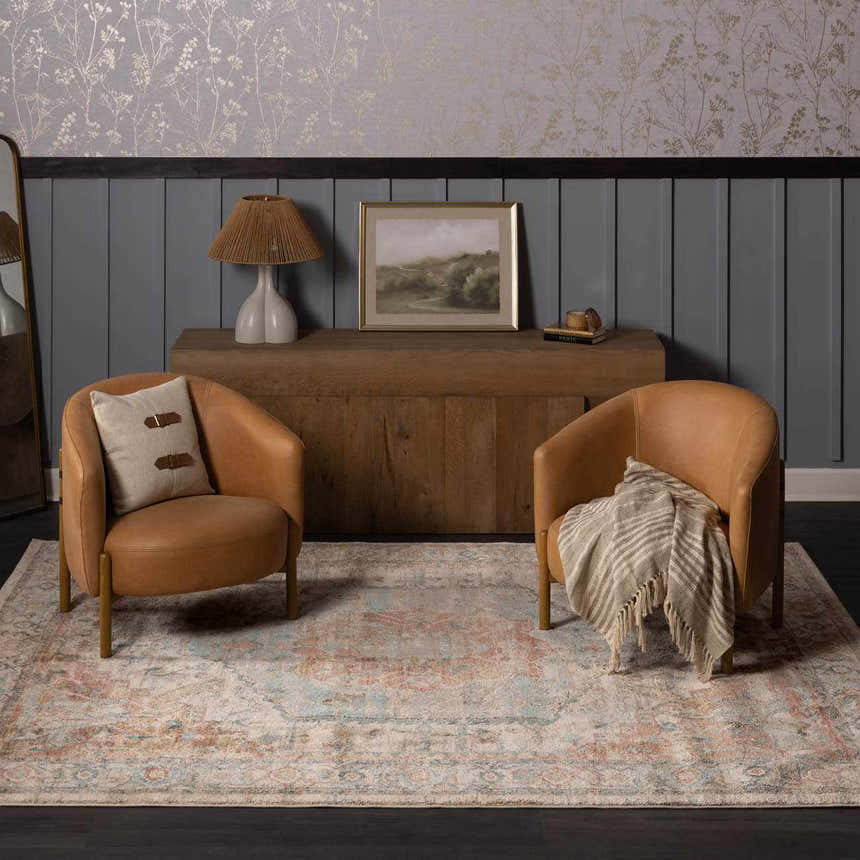 Living room scene with two leather chairs on a Vaeda Blue & Beige Thick Luxe Rug. Traditional style. Roomscene-Rectangle