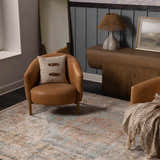 Living room scene with leather chairs on a Vaeda Blue & Beige Thick Luxe Rug. Farmhouse style. Roomscene-Rectangle