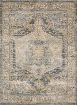 Close-up of the Vaeda Blue Thick Luxe Rug, showcasing its traditional beige, gray, and pale blue pattern and soft texture. Design-Rectangle-23