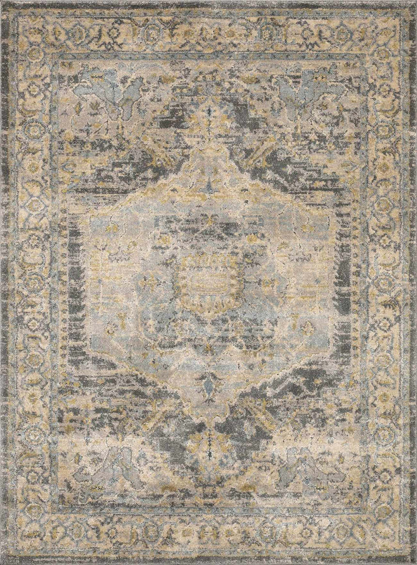 Close-up of the Vaeda Blue Thick Luxe Rug, showcasing its traditional beige, gray, and pale blue pattern and soft texture. Design-Rectangle-23