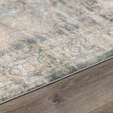 Close-up of the Vaeda Blue Thick Luxe Rug showing its beige, gray, and pale blue traditional pattern and plush texture. Pile