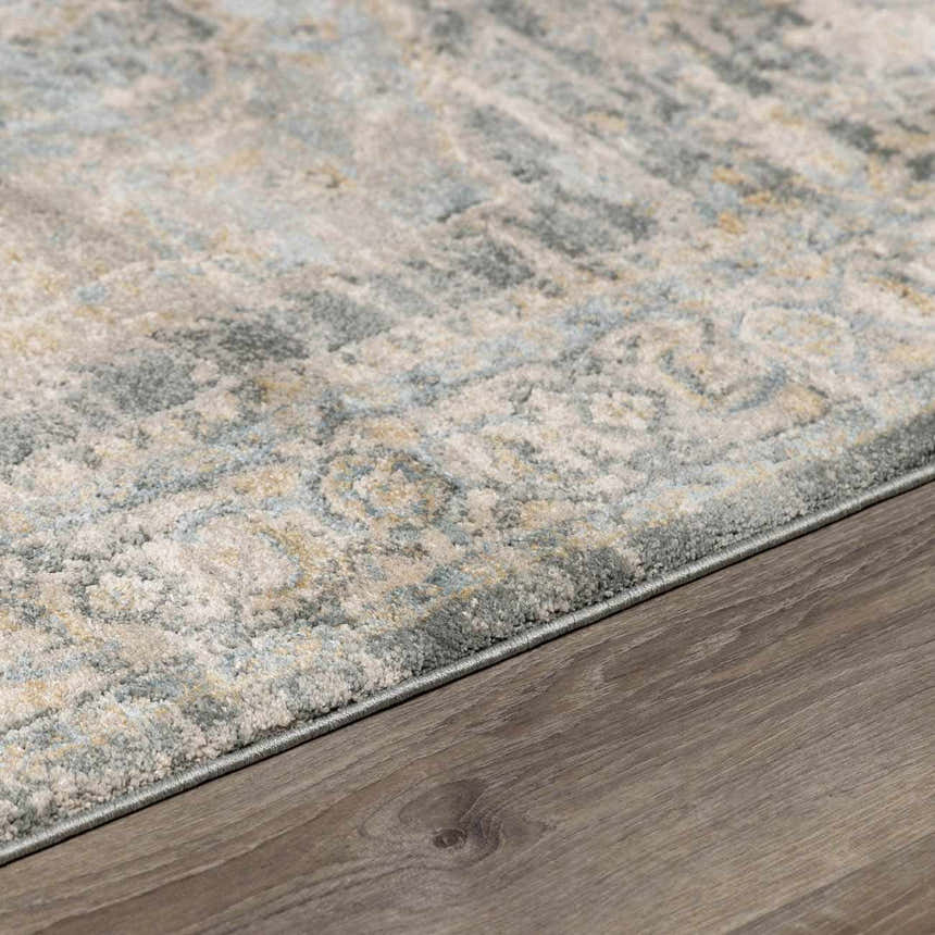 Close-up of the Vaeda Blue Thick Luxe Rug showing its beige, gray, and pale blue traditional pattern and plush texture. Pile