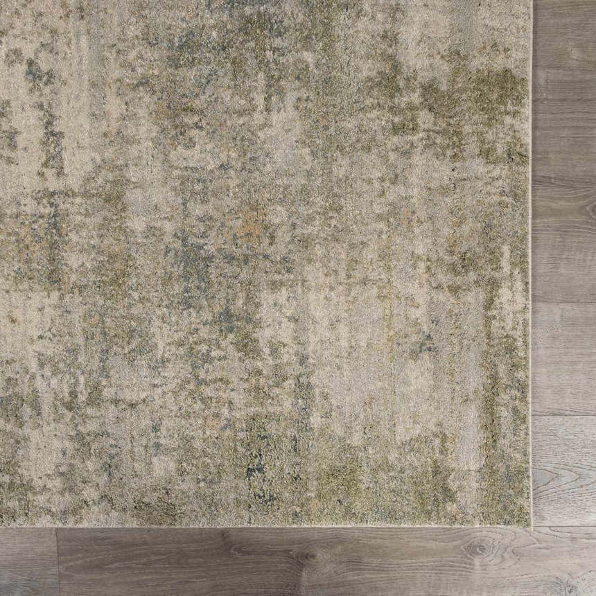Close-up of Zazie Thick Luxe Rug showing beige, gray, and olive tones with a contemporary abstract pattern and soft texture. Swatch