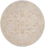 Close-up of round Awena Thick Luxe Area Rug. Traditional floral pattern in amber, taupe, and gray on a light neutral background. Design-Round-53