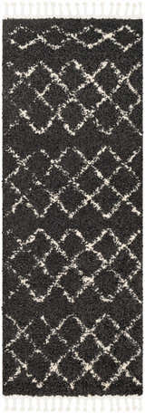 Close-up of the Wallagrass Black Moroccan Shag Rug, featuring a light beige diamond pattern and white tassels. Design-Runner-2773