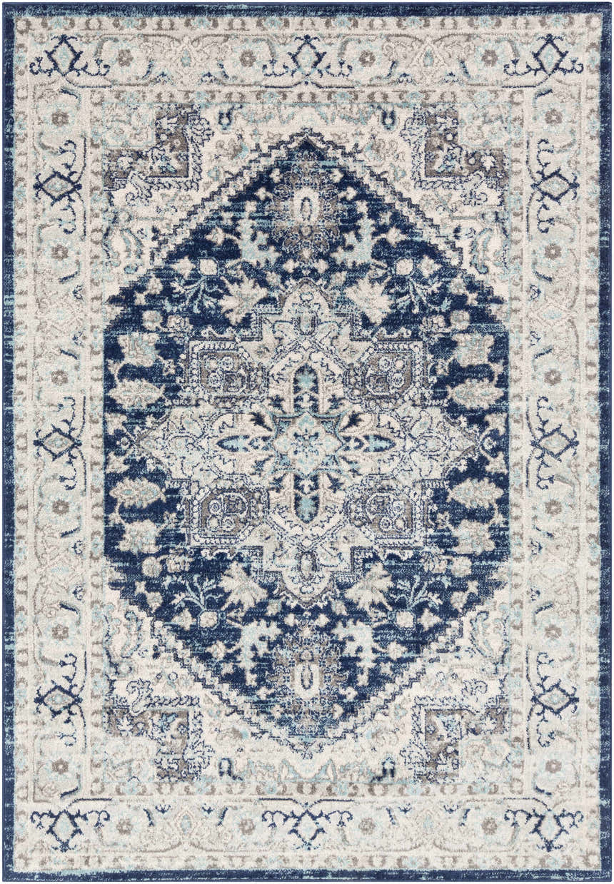 Close-up of the Livabliss Chester CHE-2313 rug. Traditional rug design in beige, charcoal, navy, sage, and sky blue. Design-Rectangle