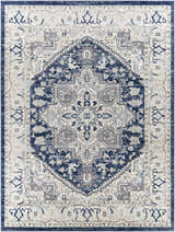 Detailed view of the Livabliss Chester Surya CHE-2313 area rug. Features beige, charcoal, navy, and sky blue traditional patterns. Design-Rectangle