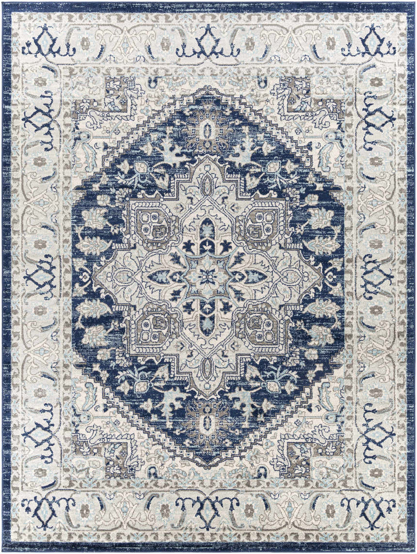 Detailed view of the Livabliss Chester Surya CHE-2313 area rug. Features beige, charcoal, navy, and sky blue traditional patterns. Design-Rectangle