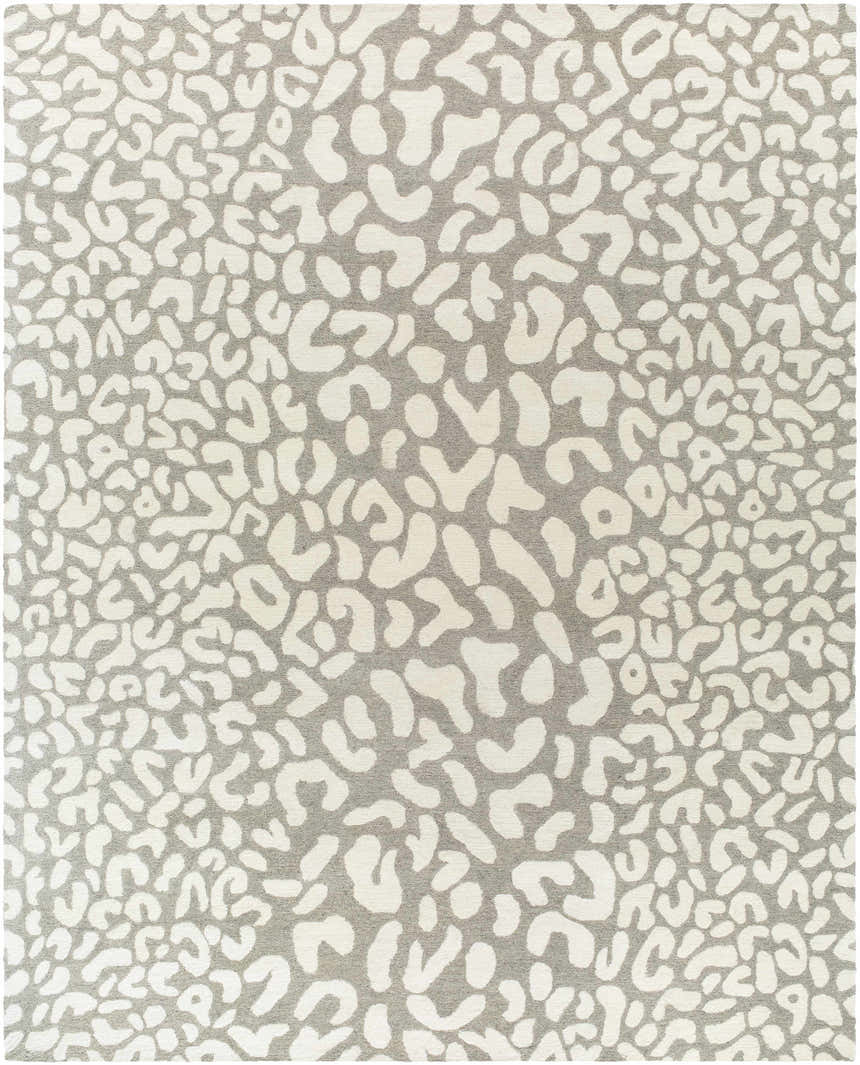 Close-up of the beige and gray Azuka Leopard Print Area Rug, a contemporary wool rug with a unique animal pattern. Design-Rectangle-811