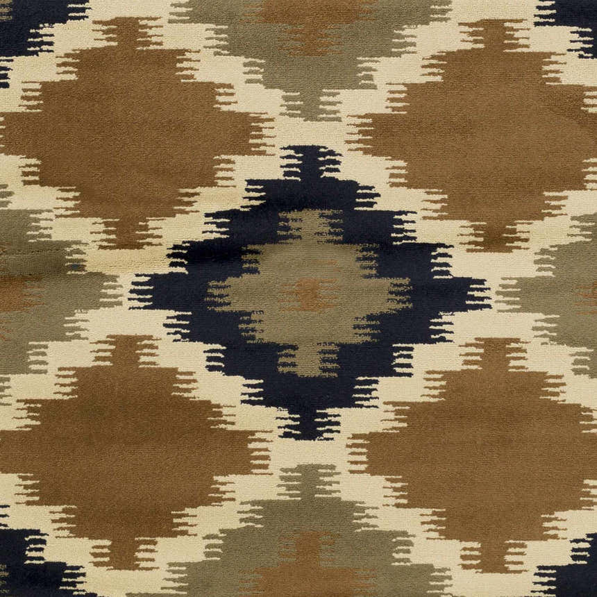 Close up of Mountain Home MTH-1018 area rug. Contemporary geometric pattern in beige, black, and olive tones. Swatch