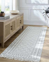 Farmhouse entryway with beige console table and gray and white Bayou Area Rug runner. Roomscene-Runner
