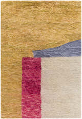 Close-up of the hand-tufted Budrys Wool Area Rug. Features brick red, camel, pearl, and dark brown color blocks. Contemporary style. Design-Rectangle-576