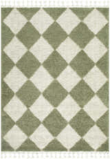 Close-up of the Aitana Area Rug. Cream and olive green diamond pattern with tassels. Contemporary style. Design-Rectangle-537