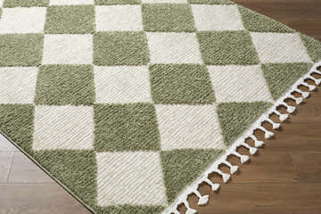 Close-up of the Aitana Area Rug, a cream and olive green checkerboard pattern with white tassels on a wood floor. Corner