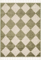 Close-up of Aitana Area Rug with a cream and olive diamond pattern and tasseled edges. Design-Rectangle-573