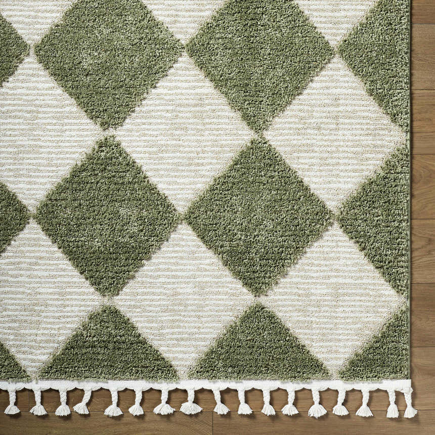 Close-up of the Aitana Area Rug featuring a cream and olive green diamond pattern and white tassels. Corner