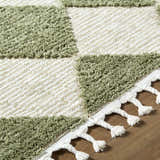 Close-up of Aitana Area Rug showing cream and olive green squares and braided fringe detail. Texture