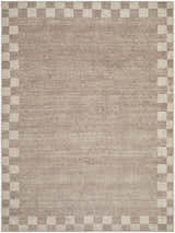 Close-up of the Bardot Washable Area Rug. Hand-woven rug with a checkerboard border and a neutral, heathered center. Design-Rectangle-57