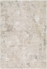 Close-up of the Brinly Area Rug. Contemporary style with beige, tan, and gray abstract pattern. Machine woven polyester rug. Design-Rectangle-6796
