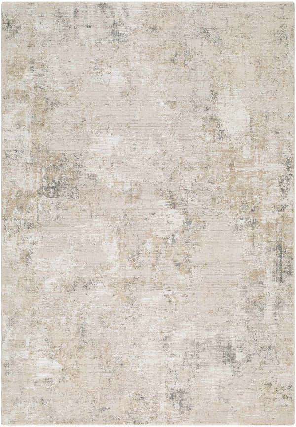 Close-up of the Brinly Area Rug. Contemporary style with beige, tan, and gray abstract pattern. Machine woven polyester rug. Design-Rectangle-6796